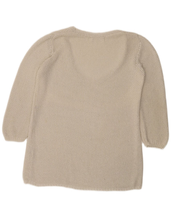 Zara Womens 3/4 Sleeve Crochet V-Neck Jumper Sweater UK 16 Large Off White