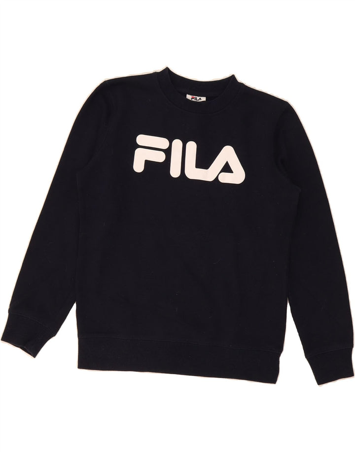 FILA Womens Oversized Graphic Sweatshirt Jumper UK 10 Small Navy Blue Vintage Fila and Second-Hand Fila from Messina Hembry 