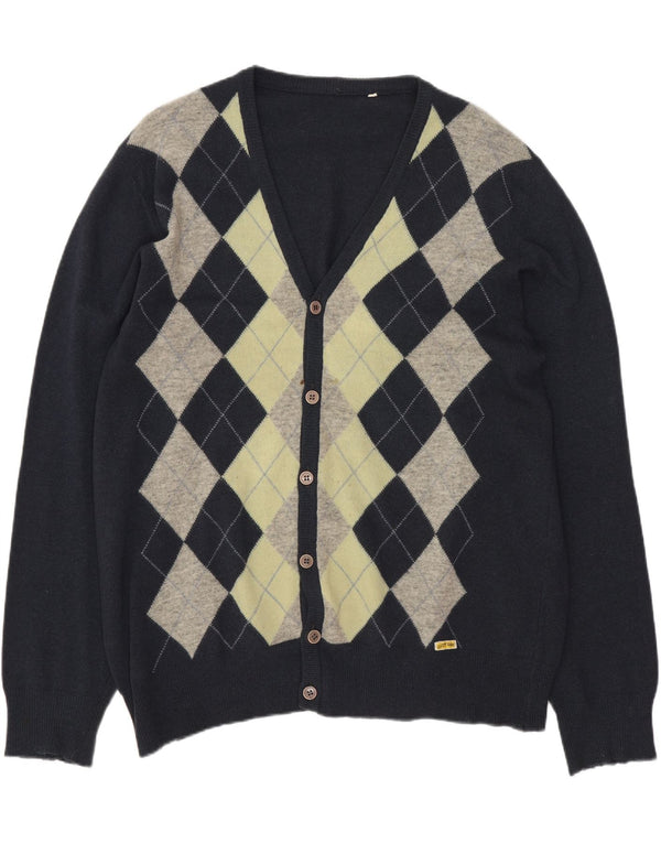 VINTAGE Mens Cardigan Sweater Large Navy Blue Argyle/Diamond Lambswool