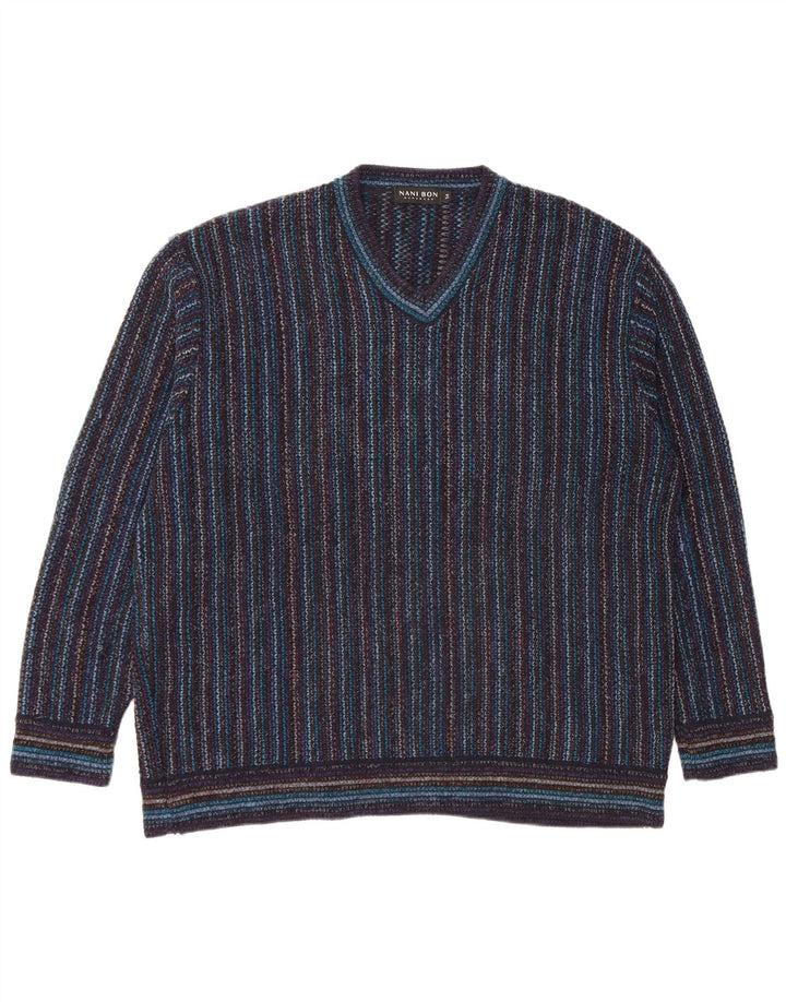 NANI BON muški džemper s V-izrezom IT 54 XL tamnoplavi prugasti akril