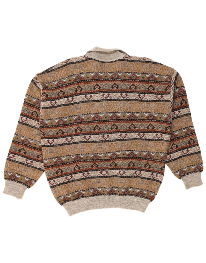 VINTAGE muški pulover s polo izrezom IT 52 Large Brown Fair Isle akril