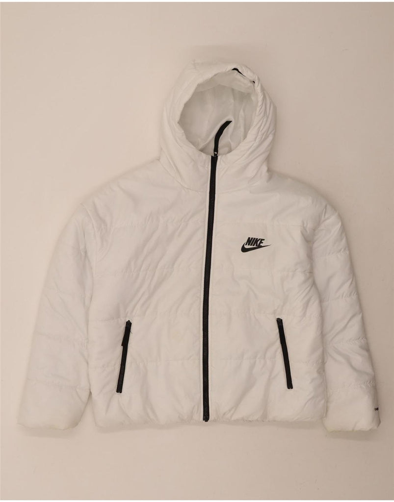 NIKE Womens Therma-Fit Oversized Graphic Padded Jacket UK 16 Large White Vintage Nike and Second-Hand Nike from Messina Hembry 