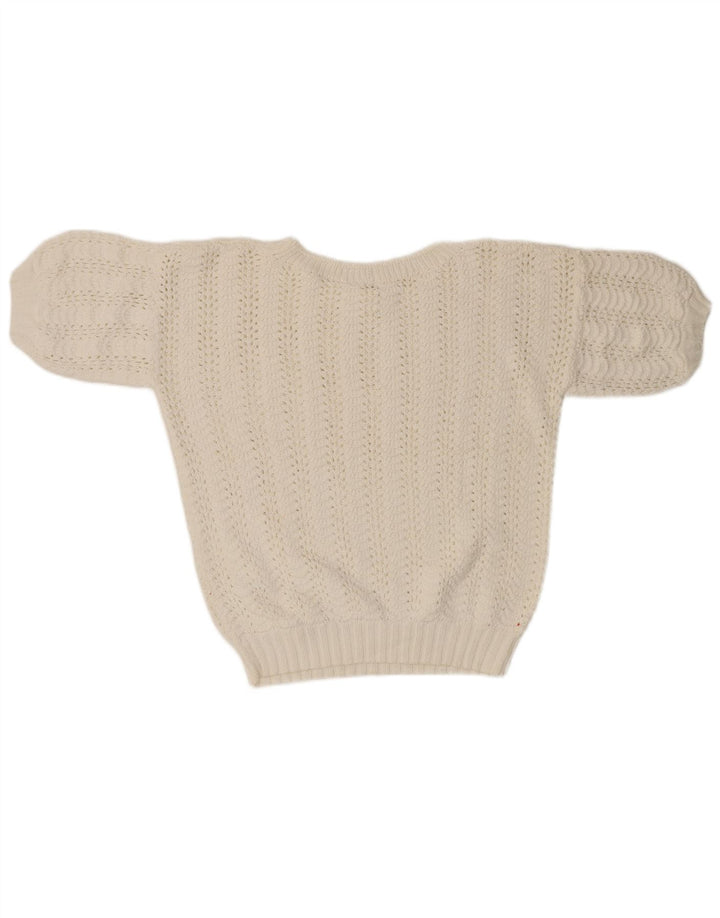 VINTAGE ženski džemper s okruglim izrezom kratkih rukava UK 14 Srednje bijeli