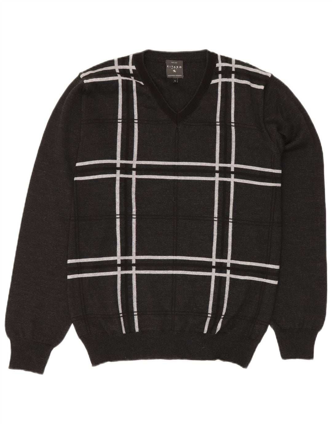 KITARO Muški džemper s V-izrezom, veliki sivi karirani vuneni