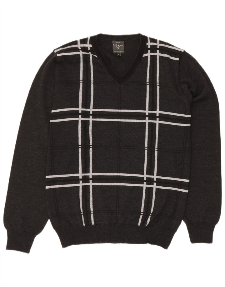 KITARO Muški džemper s V-izrezom, veliki sivi karirani vuneni