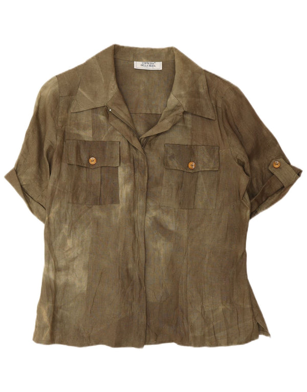 Vintage ženska košulja kratkih rukava Bluza UK 12 Srednje kaki boja za kravatu Svila