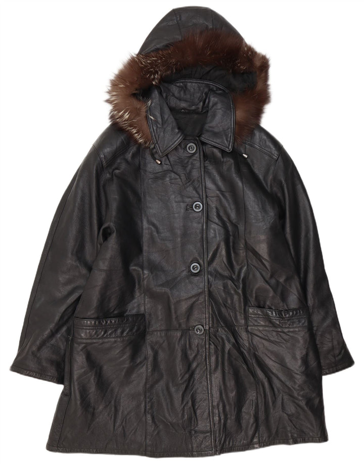 VINTAGE ženski preveliki kožni kaput s kapuljačom IT 48 XL crna koža