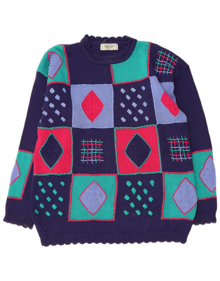 VINTAGE ženski džemper s okruglim izrezom UK 14 Srednje tamnoplavi patchwork