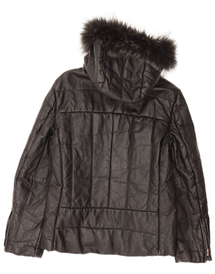 Vintage ženska kožna jakna s kapuljačom IT 48 XL crna koža