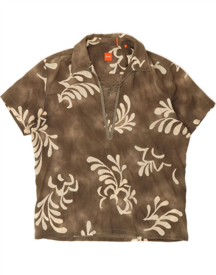 HUGO BOSS Womens Oversized Pullover Shirt UK 18 XL Khaki Floral Vintage Hugo Boss and Second-Hand Hugo Boss from Messina Hembry 