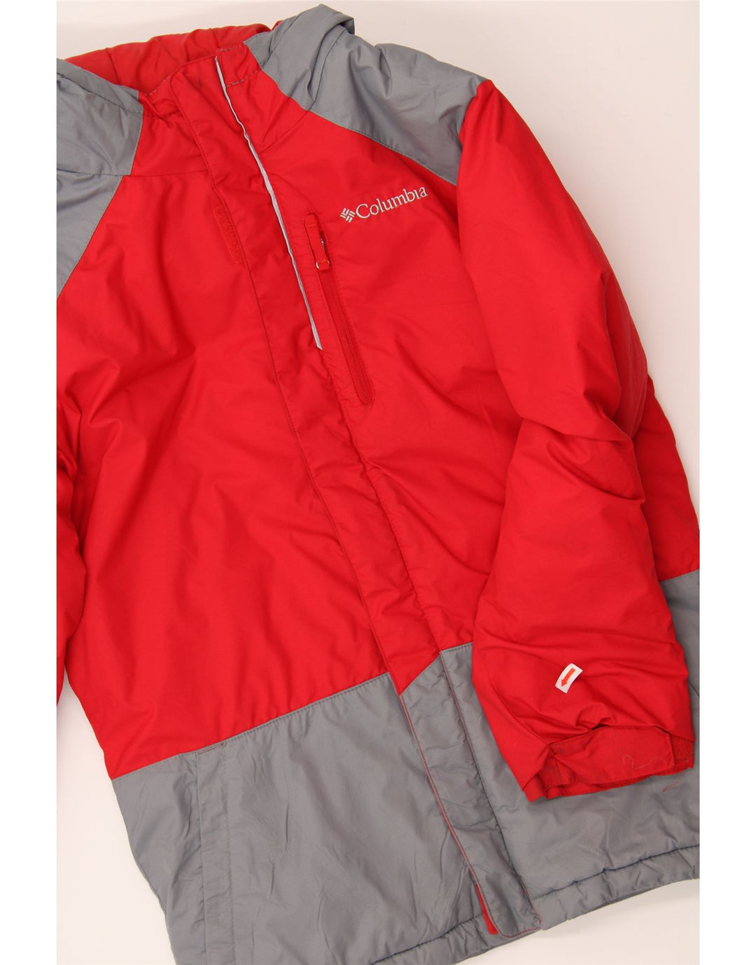 COLUMBIA Boys Hooded Windbreaker Jacket 11-12 Years Medium Red Colourblock Vintage Columbia and Second-Hand Columbia from Messina Hembry 