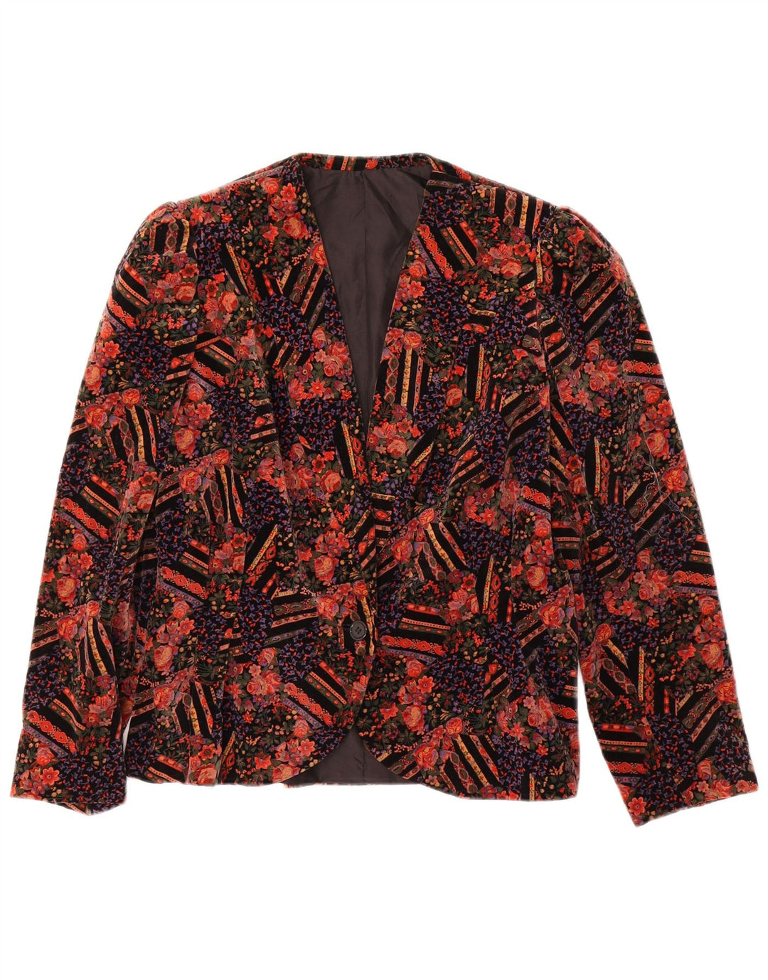 VINTAGE ženski baršunasti sako sa 1 gumbom UK 14 srednje crvene cvjetne boje