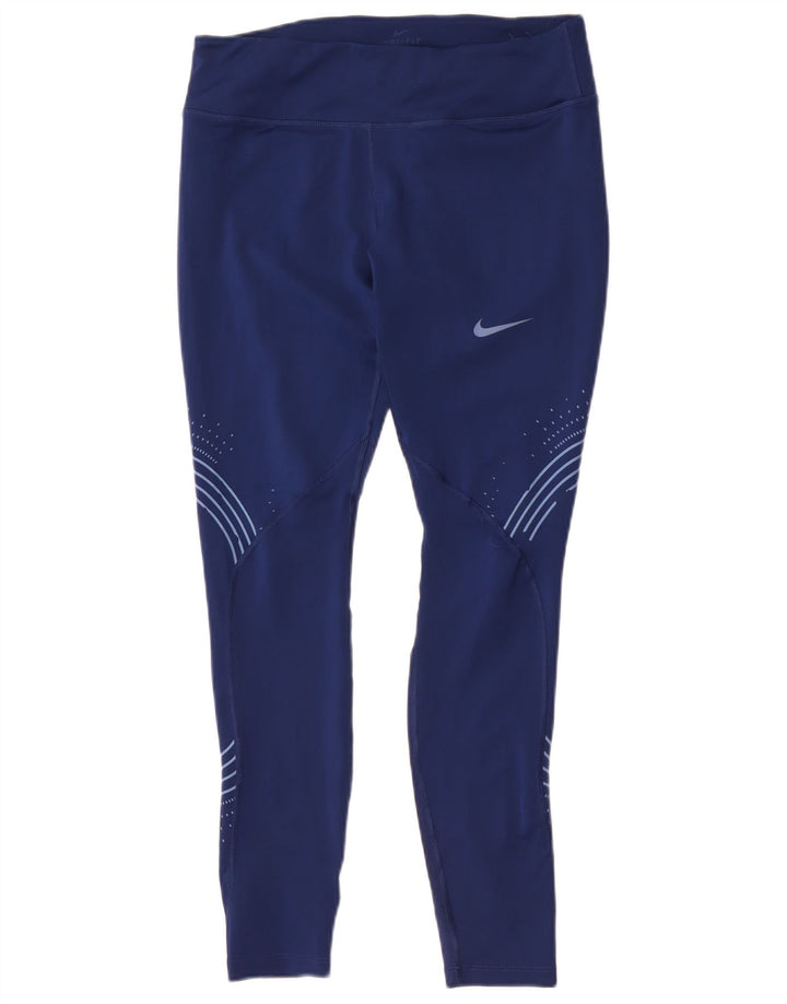 Nike Ženske Dri Fit Leggings UK 14 Large Navy Blue Geometric Polyester
