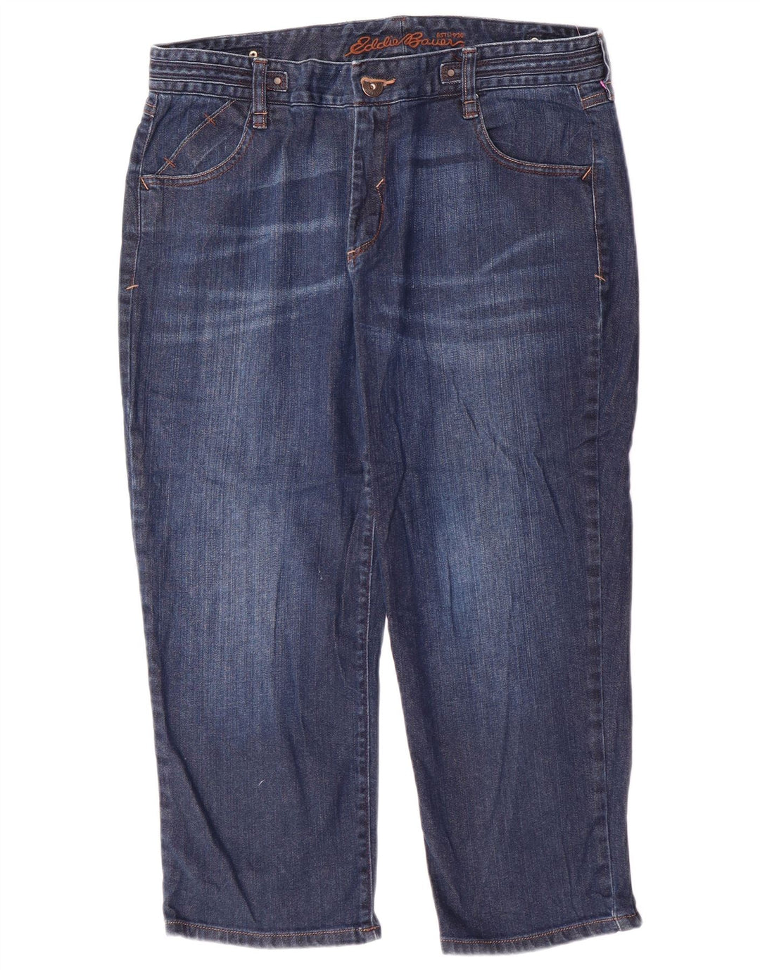 EDDIE BAUER Ženske visoke kapri traperice US 12 Large W34 L23 tamnoplavi pamuk