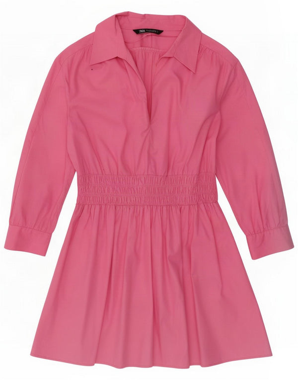 Zara Womens 3/4 Sleeve A-Line Dress UK 16 Large Pink Cotton