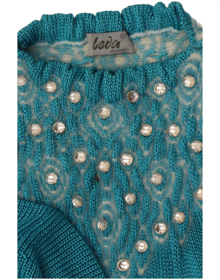 Vintage ženski džemper s okruglim izrezom s apstraktnim uzorkom UK 14 Veliki plavi