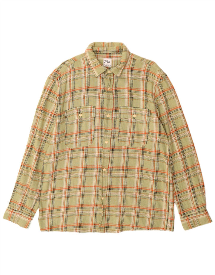 ZARA Mens Flannel Shirt Large Khaki Check Cotton