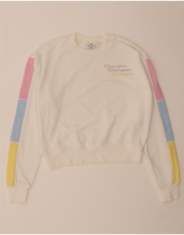 CHAMPION Womens Oversized Sweatshirt Jumper UK 10 Small White Colourblock Vintage Champion and Second-Hand Champion from Messina Hembry 