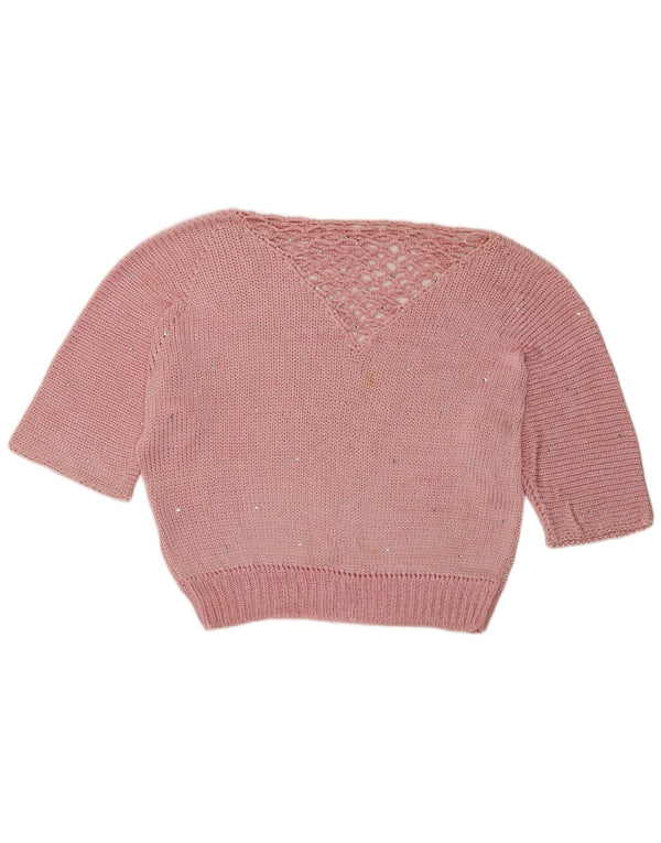Vintage ženski pulover s kratkim izrezom UK 14 srednje ružičasto na točkice