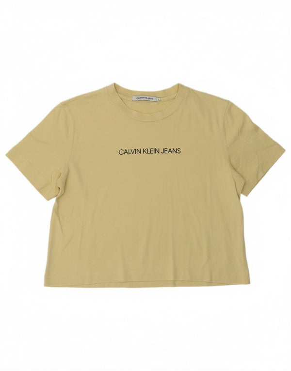 Calvin Klein Womens Crop Graphic T-Shirt Top UK 14 Large Yellow Cotton