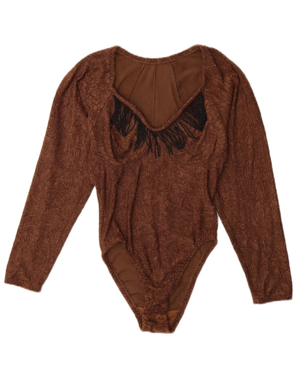 Vintage ženski bodi dugih rukava UK 12 Srednje smeđi poliamid