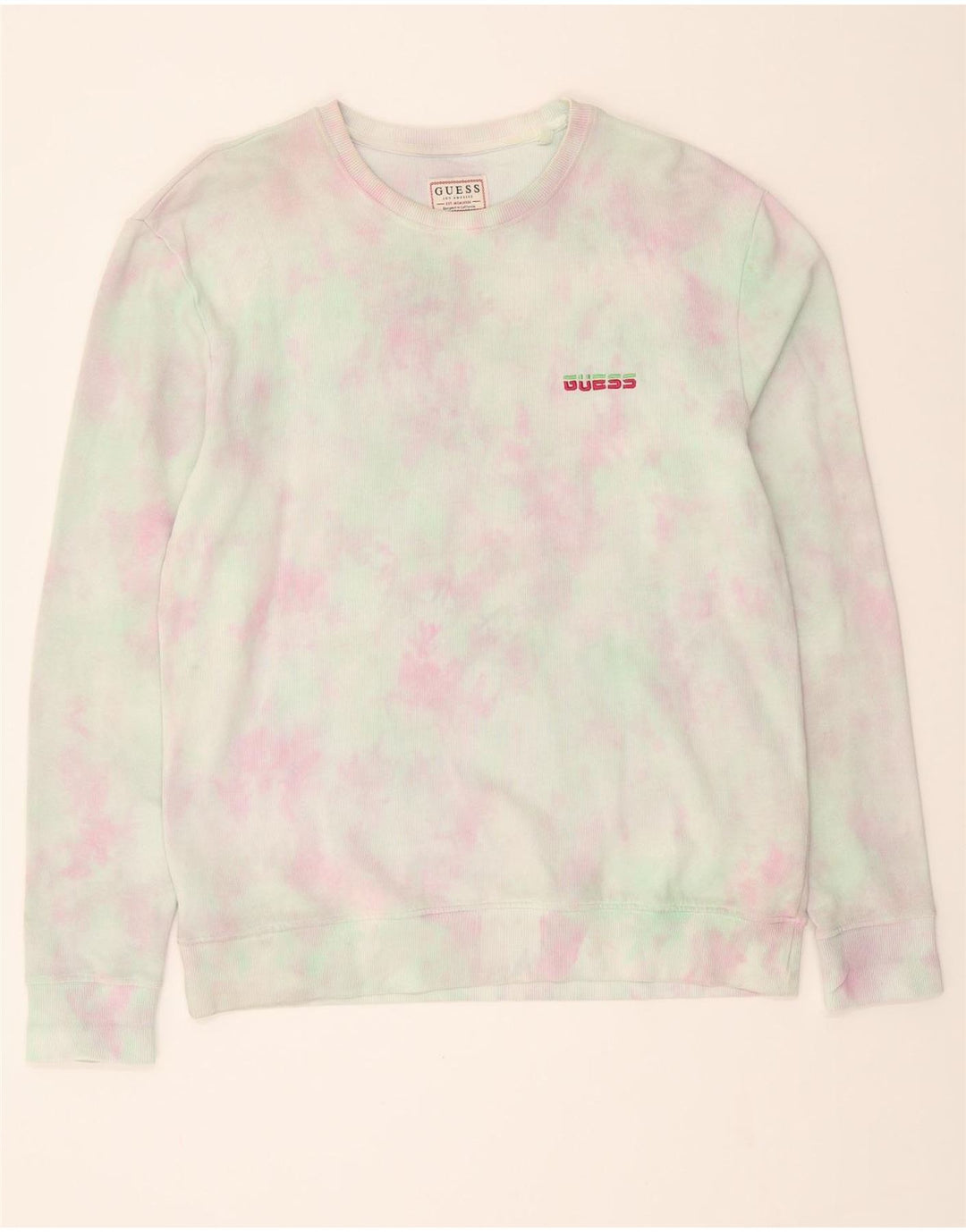 GUESS Womens Oversized Sweatshirt Jumper UK 14 Medium Green Tie Dye Cotton Vintage Guess and Second-Hand Guess from Messina Hembry 