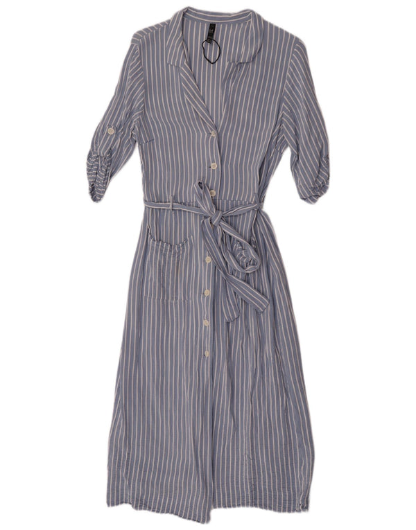 Zara Womens Short Sleeves Shirt Dress UK 14 Large Blue Pinstripe Viscose