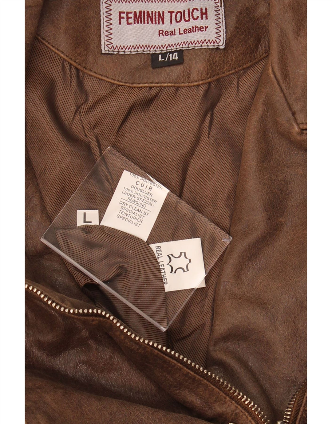 FEMININ TOUCH Womens Leather Biker Jacket UK 14 Large Brown Leather