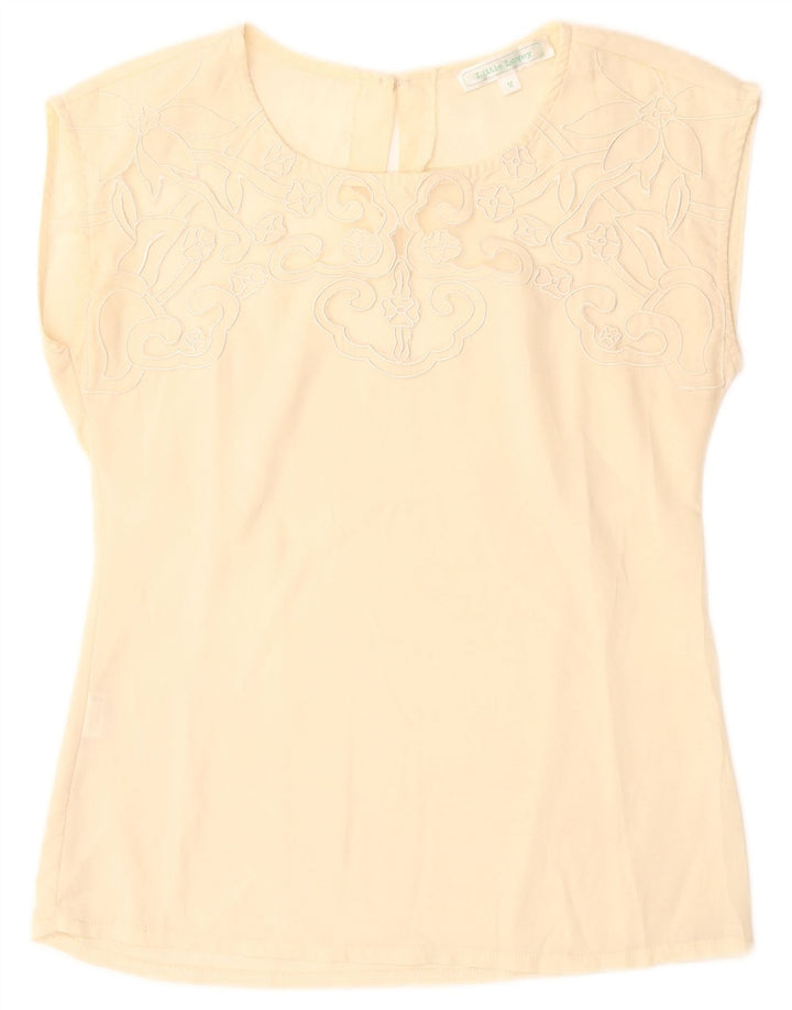 Vintage gornji dio ženske bluze UK 12 Srednje bež cvjetni poliester