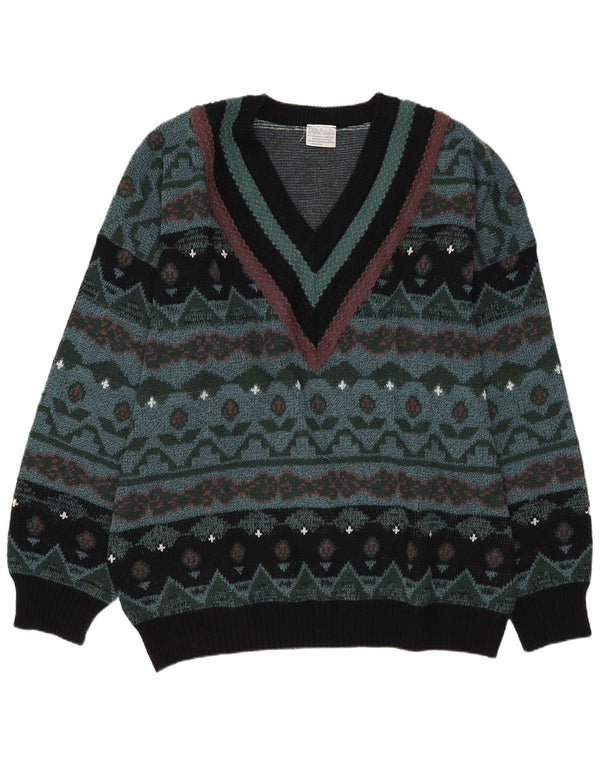 Vintage Mens V-Neck Jumper Sweater IT 60/62 3XL Green Geometric Retro