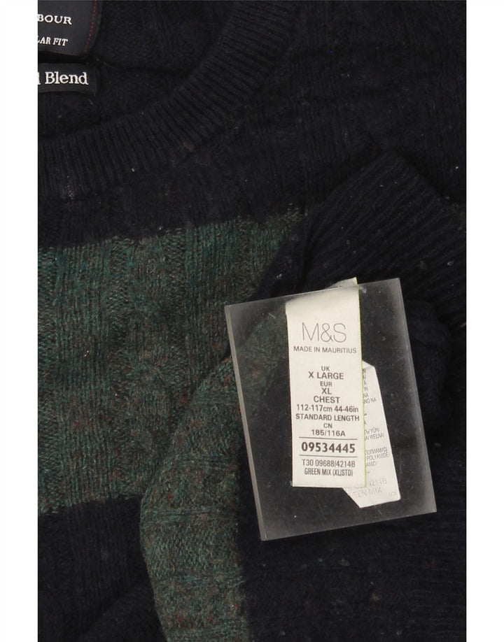 Marks & Spencer muški džemper s okruglim izrezom XL, vuneni zeleni prugasti pulover