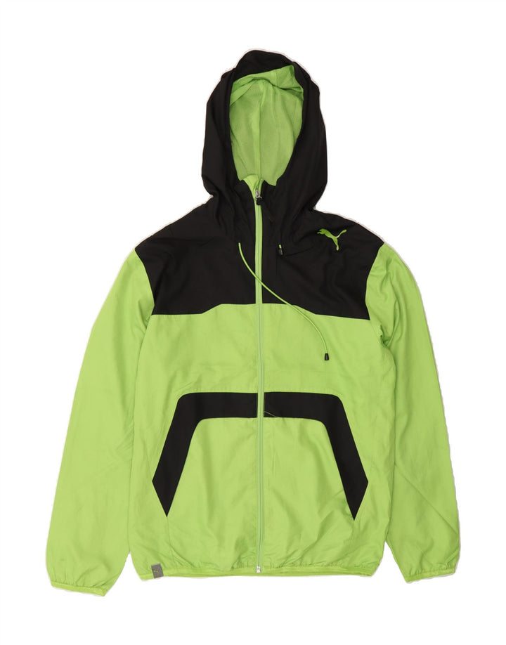 PUMA Mens Hooded Rain Jacket UK 38 Medium Green Colourblock Polyester Vintage Puma and Second-Hand Puma from Messina Hembry 