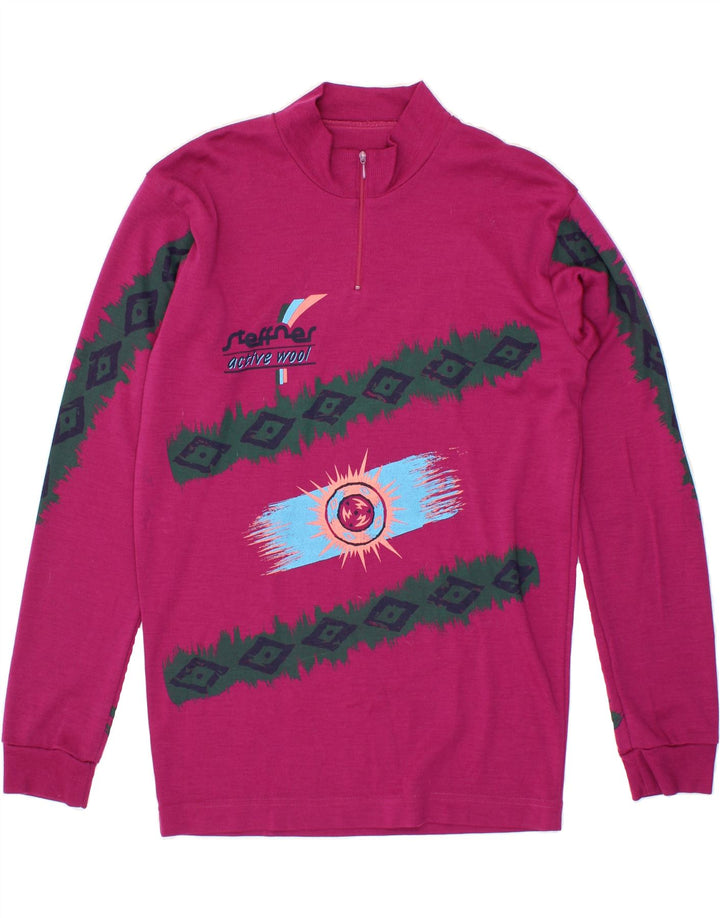 VINTAGE Mens Abstract Pattern Zip Neck Jumper Sweater Medium Pink Wool Vintage Vintage and Second-Hand Vintage from Messina Hembry 