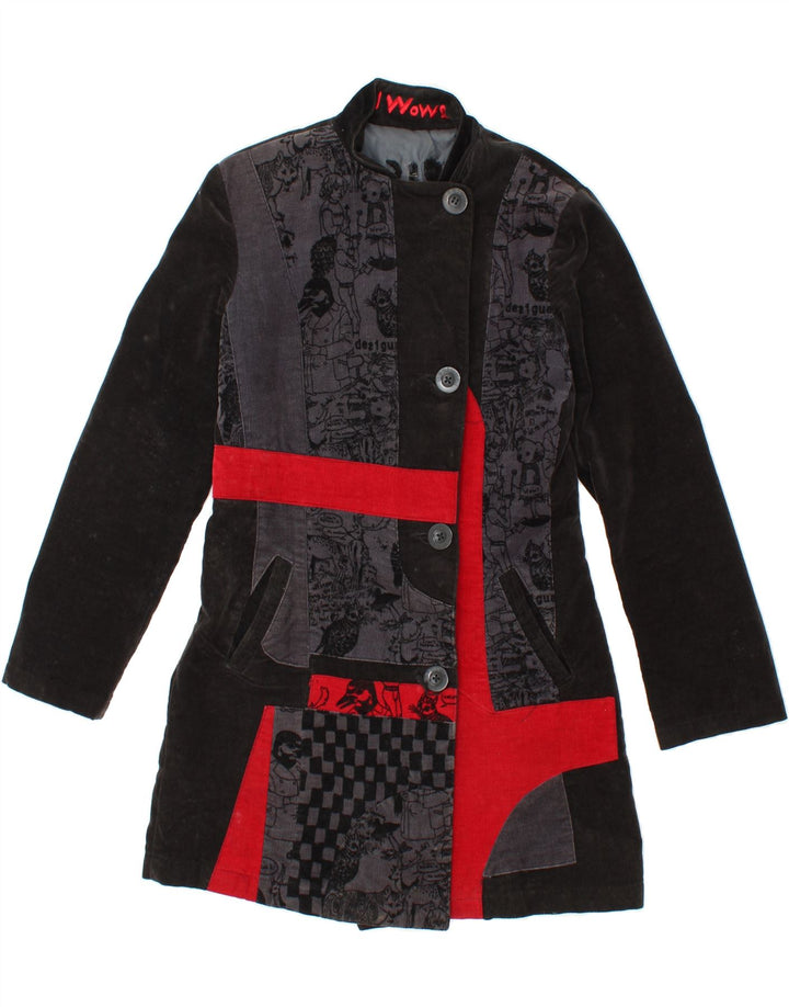 DESIGUAL Womens Abstract Pattern Overcoat EU 38 Medium Black Colourblock Vintage Desigual and Second-Hand Desigual from Messina Hembry 