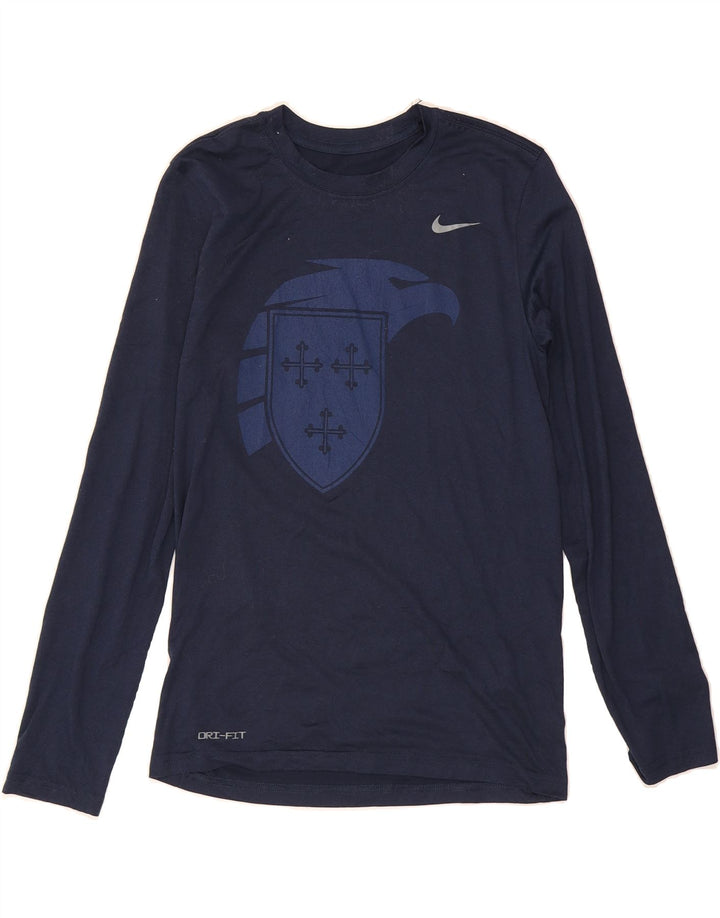 NIKE Mens Dri Fit Graphic Top Long Sleeve Small Navy Blue Polyester Vintage Nike and Second-Hand Nike from Messina Hembry 
