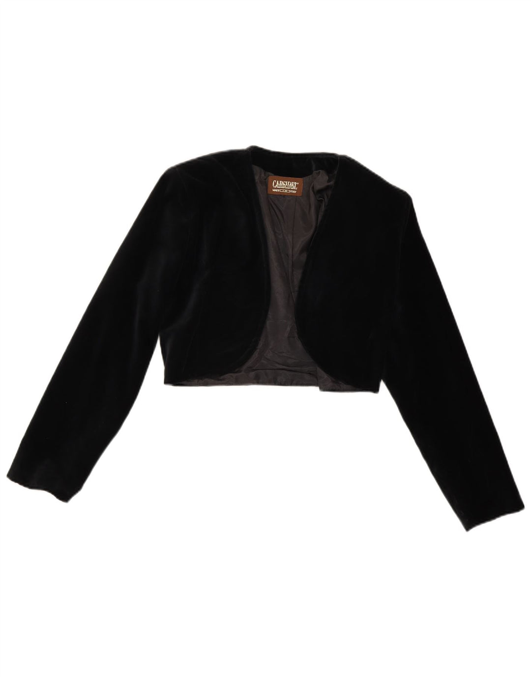 Vintage ženska baršunasta otvorena bolero jakna UK 14 Srednji crni poliester