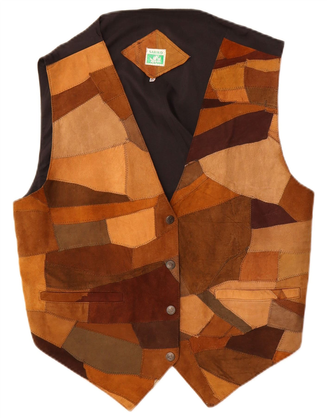 Vintage ženski prsluk od brušene kože UK 14 srednje smeđe patchwork kože