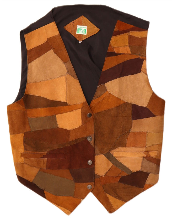 Vintage ženski prsluk od brušene kože UK 14 srednje smeđe patchwork kože