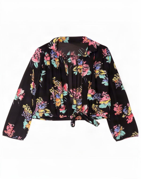 Vintage ženska skraćena košulja bluza UK 16 Large Black Floral