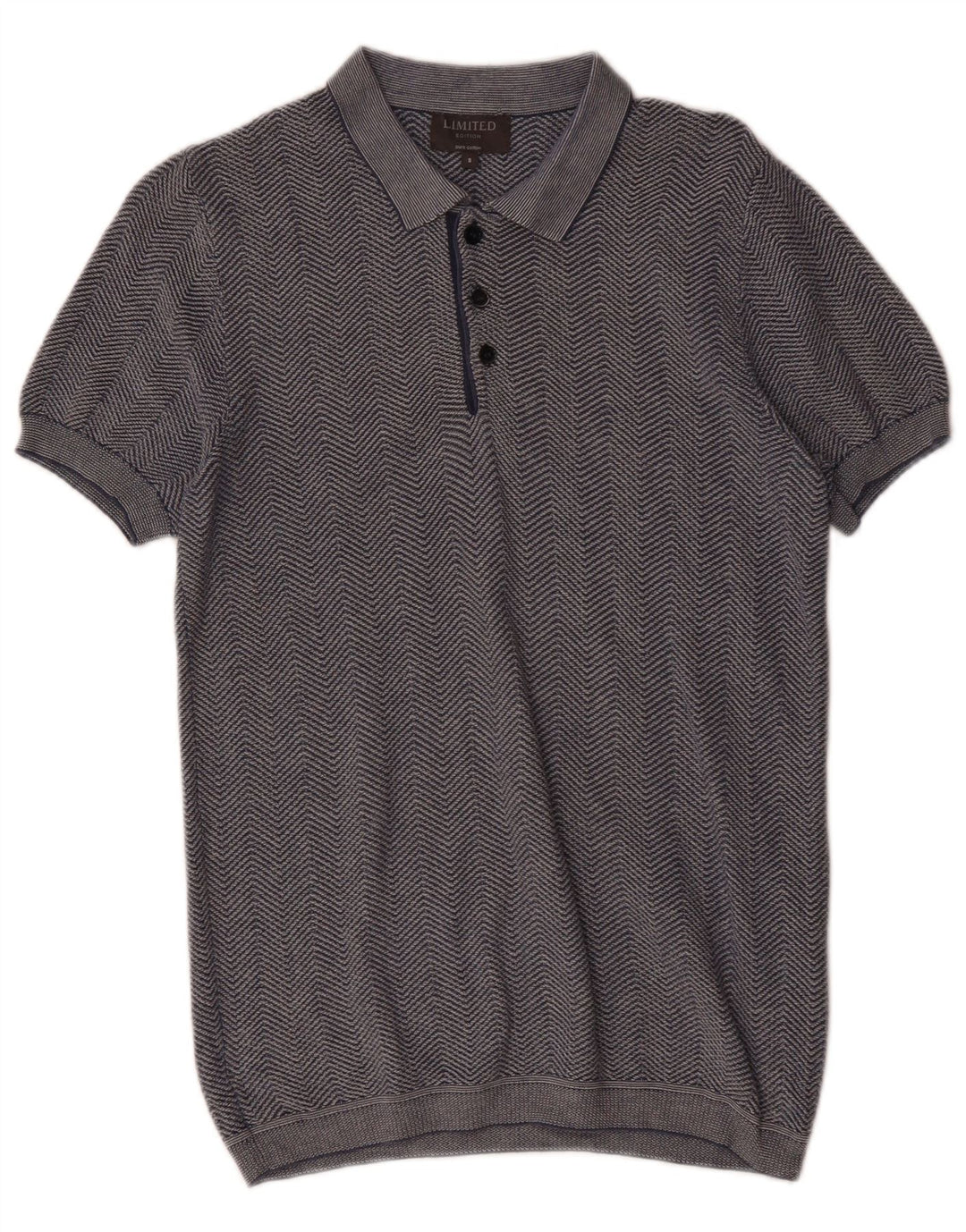 VINTAGE Mens Polo Neck Jumper Sweater Small Navy Blue Herringbone