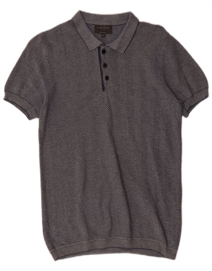 VINTAGE Mens Polo Neck Jumper Sweater Small Navy Blue Herringbone