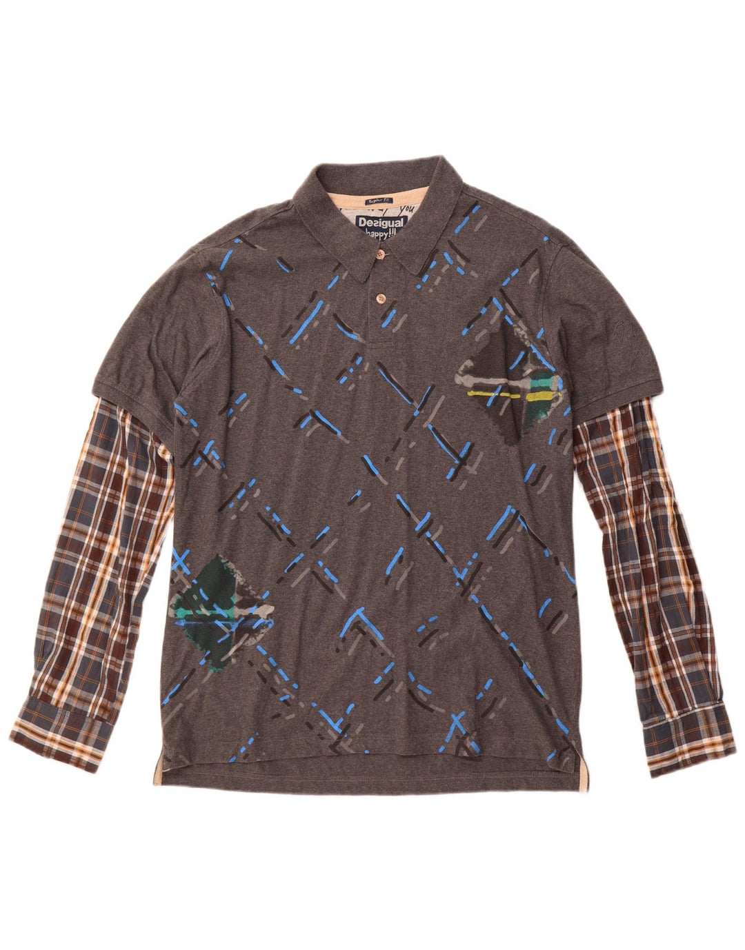 Desigual muška obična polo majica dugih rukava XL sivi karirani pamuk