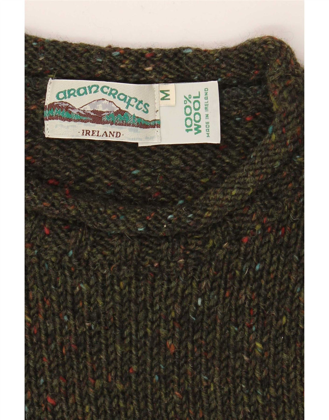 Aran Crafts muški džemper s veznim izrezom srednje veličine kaki od pjegave vune