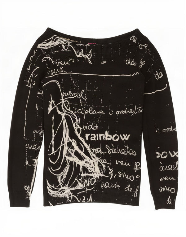 Desigual Womens Graphic Boat Neck Jumper Sweater UK 10 Small Black Cotton