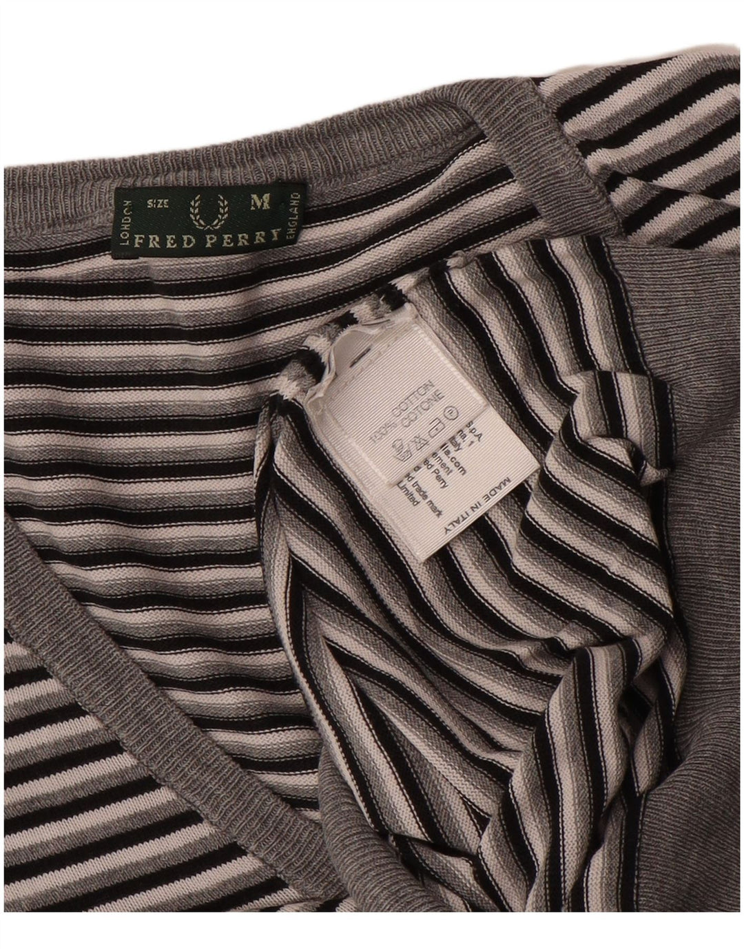 Fred Perry Ženski džemper s V-izrezom UK 14 Srednje sivi prugasti pamuk