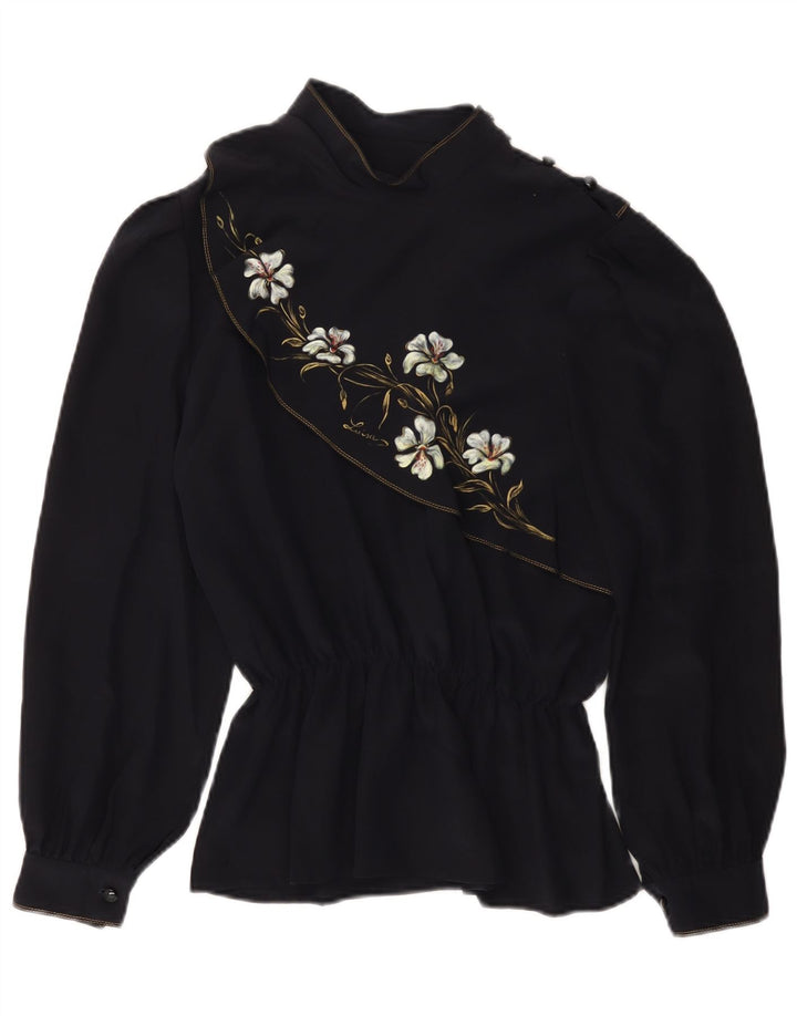 Vintage ženski gornji dio bluze dugih rukava UK 14 srednje tamnoplave cvjetne boje