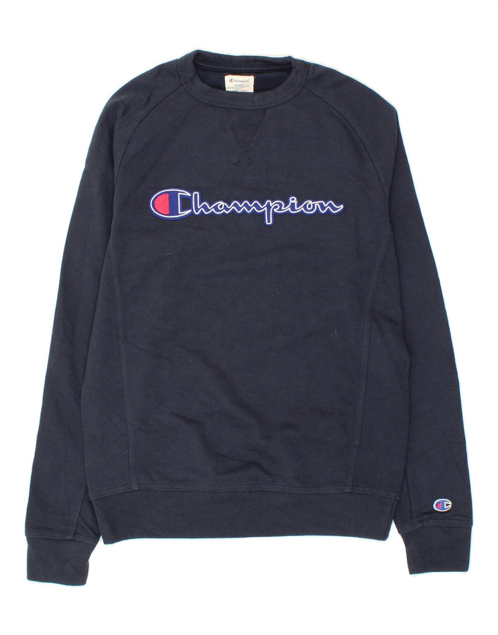 CHAMPION Mens Graphic Sweatshirt Jumper Small Navy Blue Cotton Vintage Champion and Second-Hand Champion from Messina Hembry 