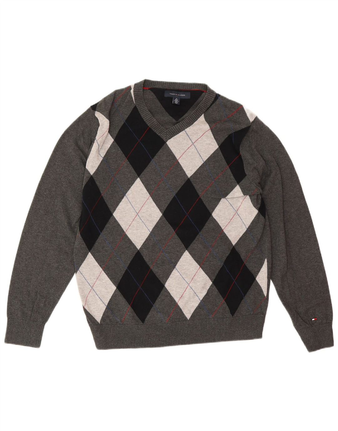 Tommy Hilfiger muški džemper s V-izrezom Srednje sivi Argyle/Diamond Pamuk