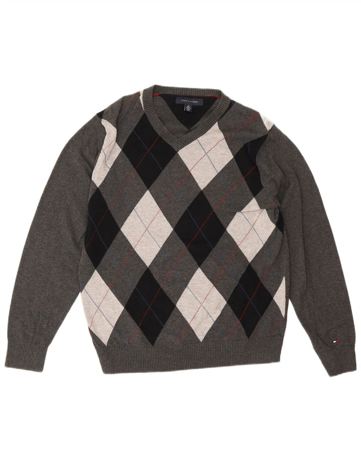 Tommy Hilfiger muški džemper s V-izrezom Srednje sivi Argyle/Diamond Pamuk