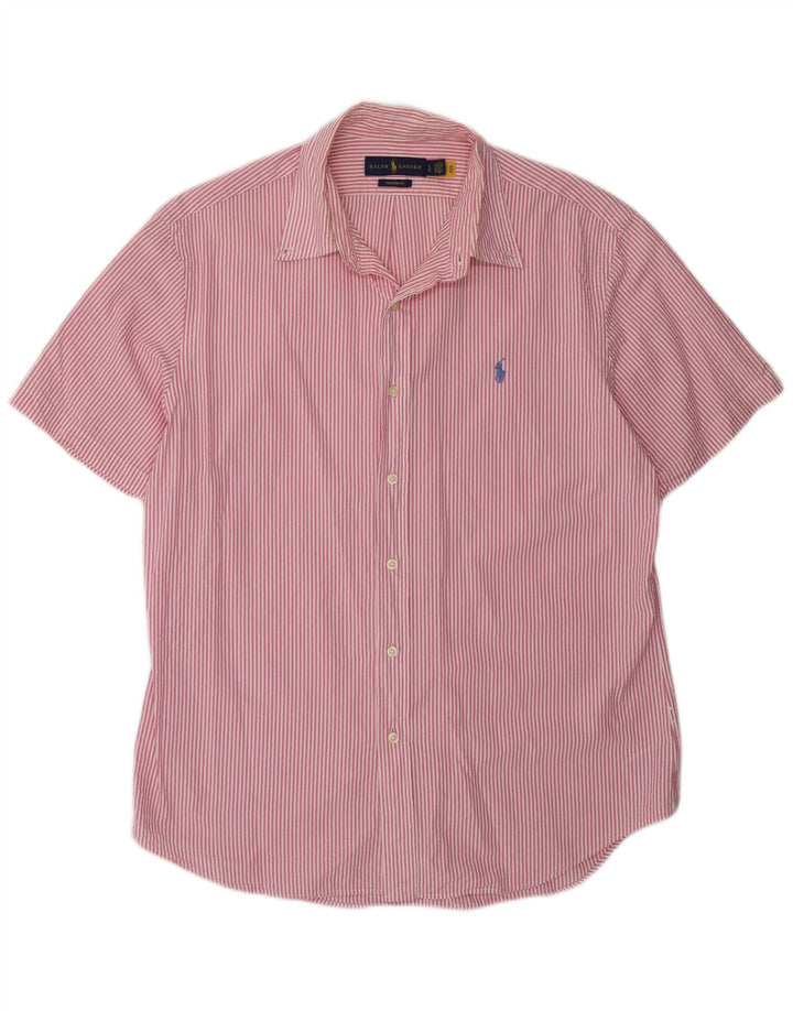 RALPH LAUREN Mens Custom Fit Short Sleeve Shirt Large Pink Striped Cotton